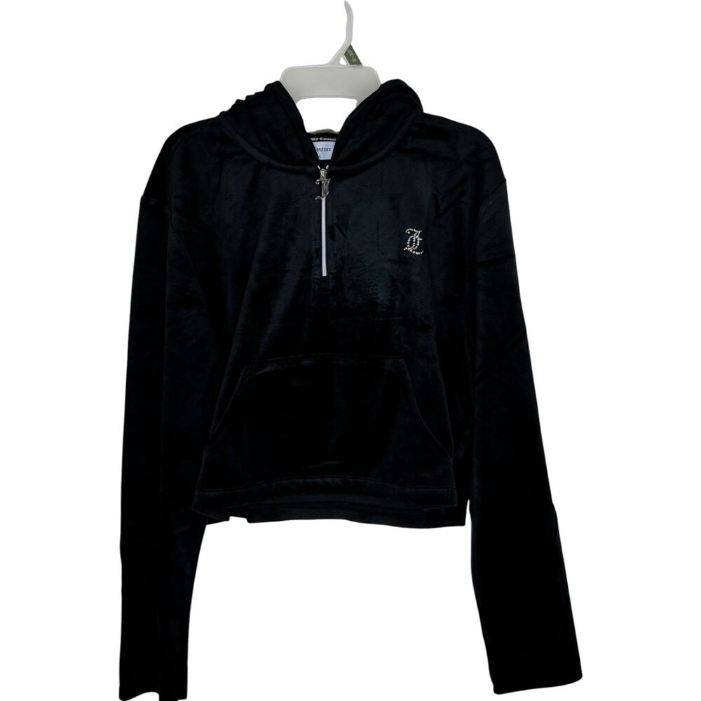 Juicy Couture Luxe Velour Pullover Hoodie‎ Black Large NWT Half-Zip Long Sleeve